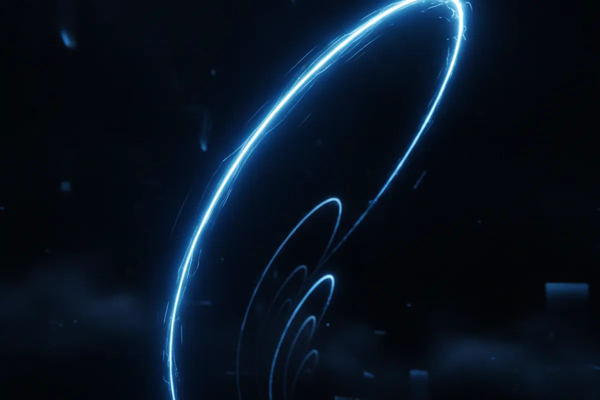 A glowing cobalt light trail racing ahead along an upward arc — the first-mover advantage of advertising on OpenAI's ad platform early
